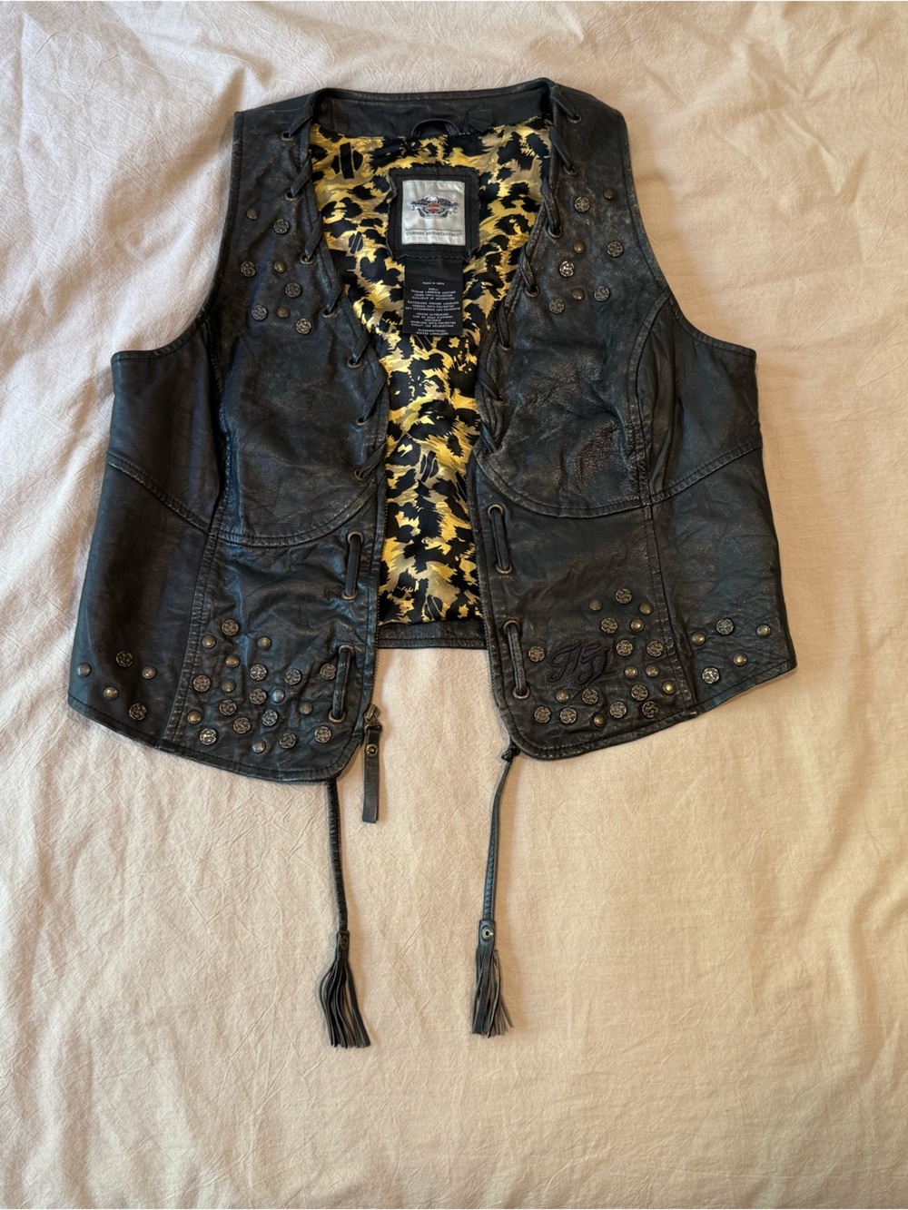 Harley-Davidson Black Leather Vest Festival Boho Vintage Leopard Rock Studs Lace